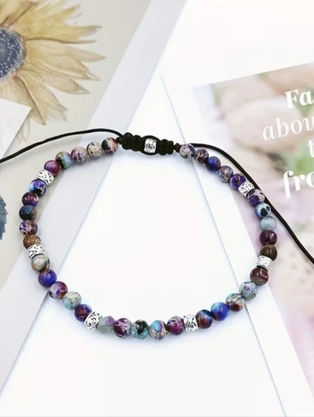💜🩶NEW💜🩶 PRETTY!! 4MM PURPLE FLOWER STONE Adjustable Bracelet